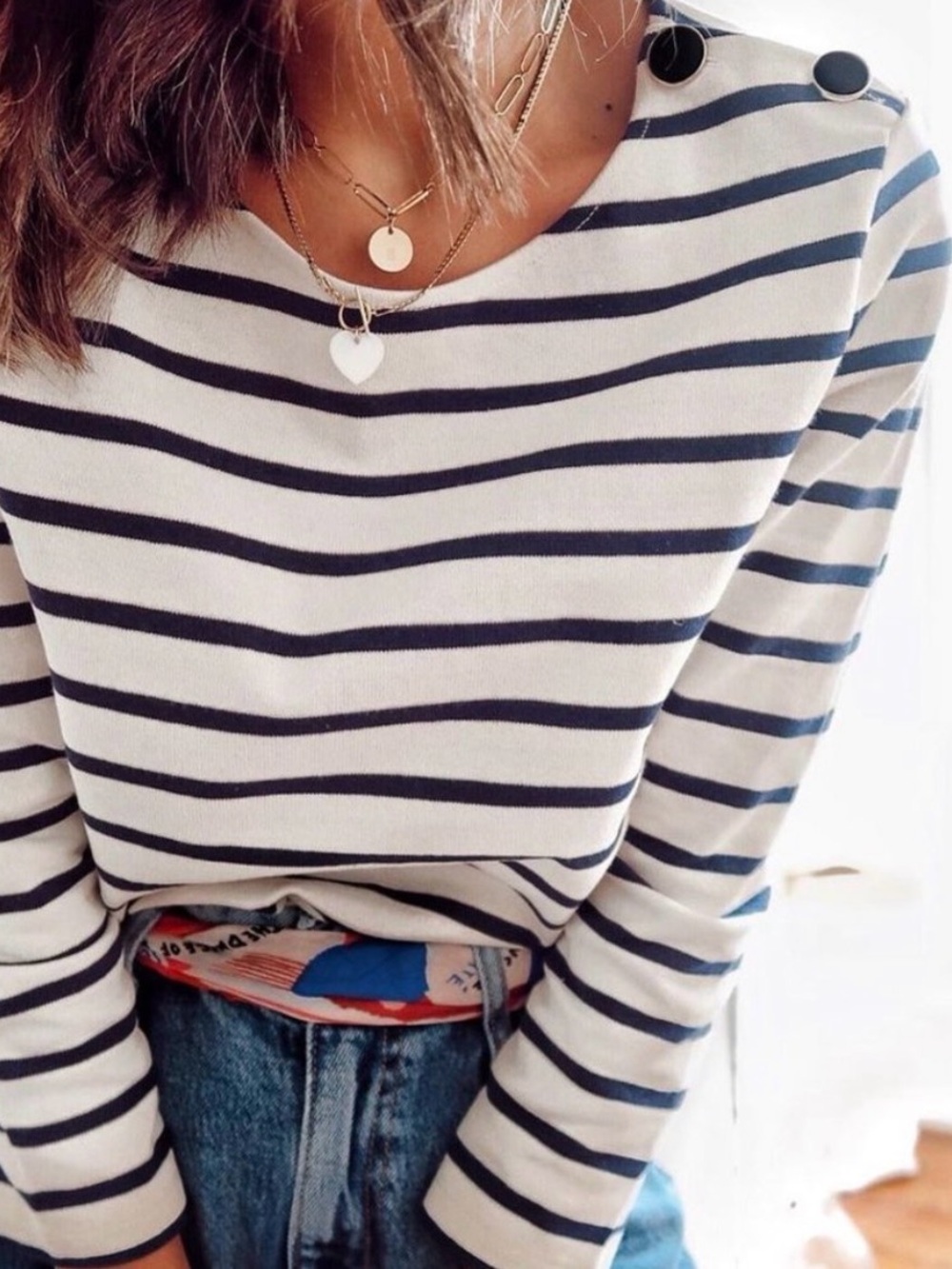 Sezane Mariniere White & Navy Striped Long-Sleeve Top with Shoulder Buttons